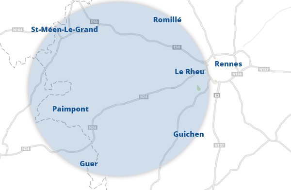 Zones d'interventions d'Assainissement Brocéliande Débouchage